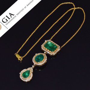 GIA Natural 18.4Cts Diamond Emerald 18K Solid Gold Reversible 2-in-1 Necklace
